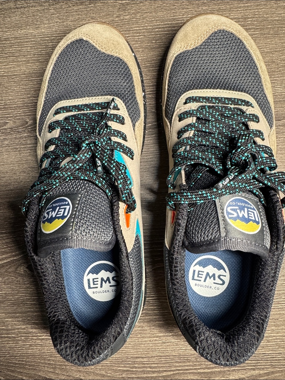 LEMS Casual Lace-Up Sneakers in Charcoal, Tan & Teal. Trailhead. New.
